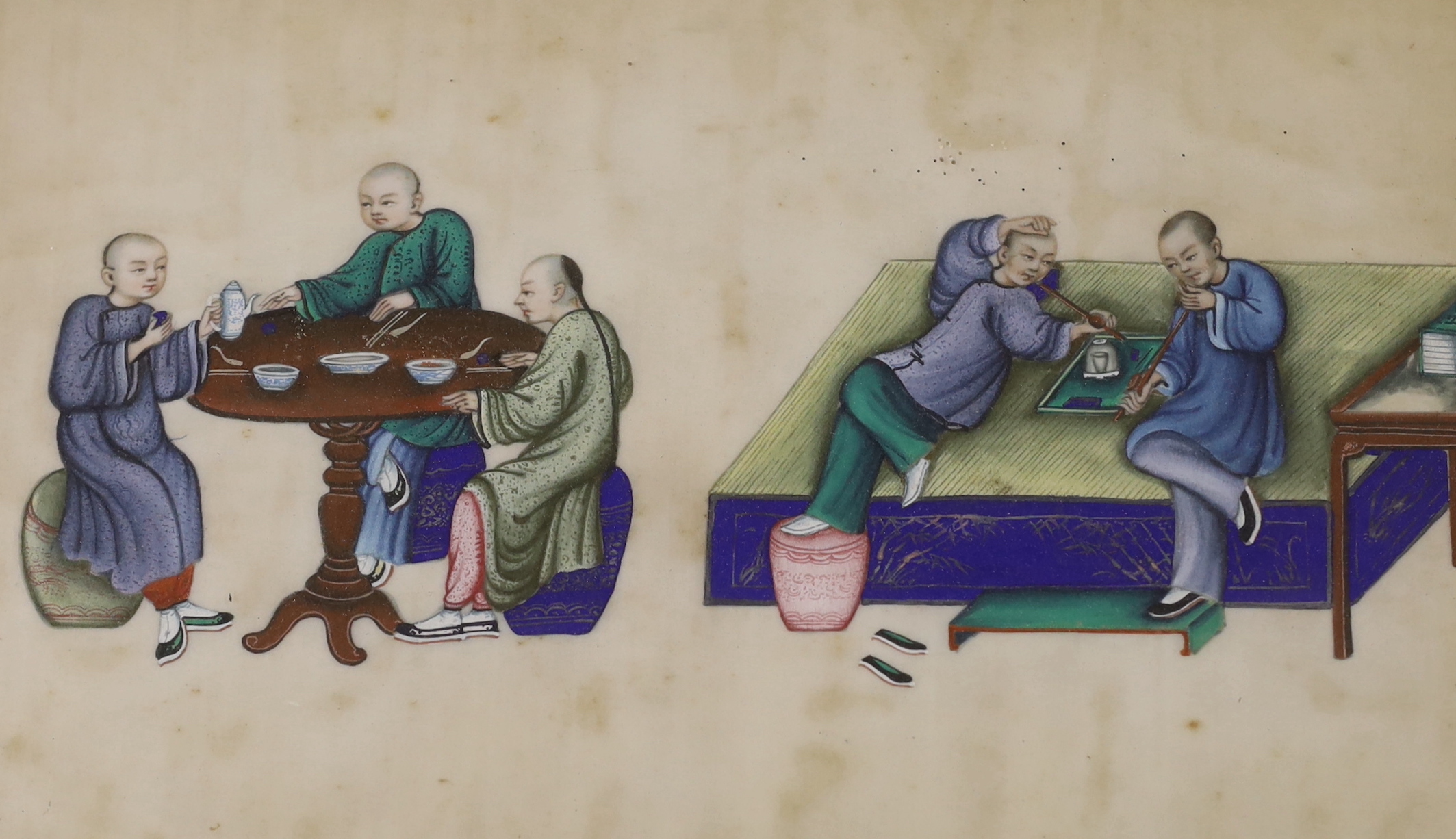 19th century Chinese school, set of 12 pith paper paintings, figures smoking opium pipes, each 32 x 20cm